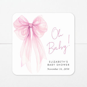 Pegatina Cuadrada Coquette rosa Bow Watercolour Baby Shower