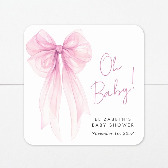 Pegatina Cuadrada Coquette rosa Bow Watercolour Baby Shower (Subido por el creador)