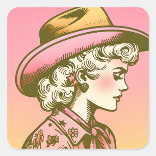 Pegatina Cuadrada Coquette Rosa Diva Retro Cowgirl