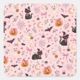 Pegatina Cuadrada Coquette Rosa Fantasma de Halloween Gato Negro Cal