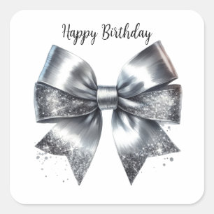 Pegatina Cuadrada Coquette Silver Metallic Bow Cumpleaños