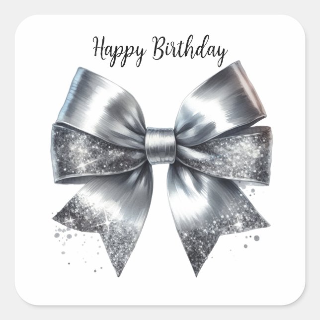 Pegatina Cuadrada Coquette Silver Metallic Bow Cumpleaños (Anverso)