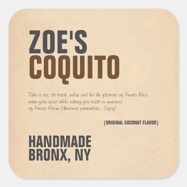 Pegatina Cuadrada Coquito Rústico Moderno (Anverso)