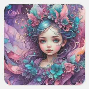 Pegatina Cuadrada CORA ~ WOW! Lavanda azul rosa de hadas ~