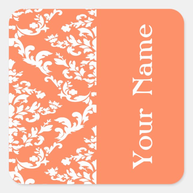 Pegatina Cuadrada Coral Bold Damask en Emporiomoffa con nombre (Anverso)