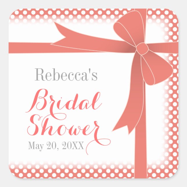 Pegatina Cuadrada Coral Bow & White Dots Bridal Shower (Anverso)