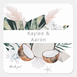 Pegatina Cuadrada Coral de coco y Floral blanca Gracias