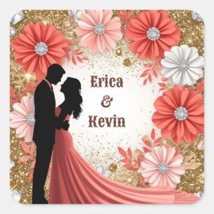 Pegatina Cuadrada 💍 Coral Floral Aro de Compromiso Pareja 💍
