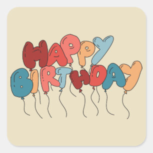 Pegatina Cuadrada Coral y Blue Happy Birday Balloon Letters