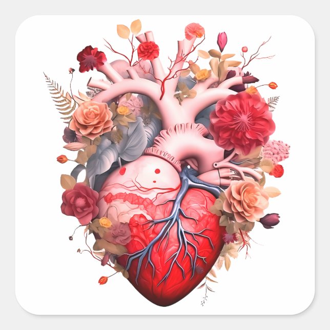 Pegatina Cuadrada Corazón anatómico con flores (Anverso)