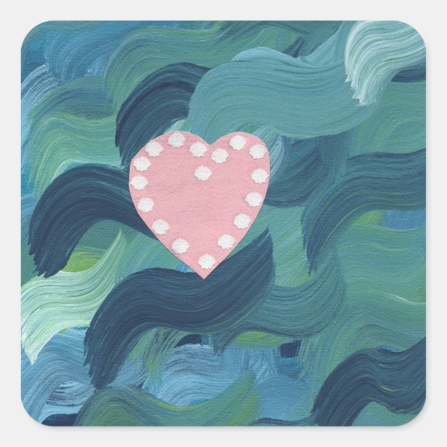 Pegatina Cuadrada Corazón con conchas marinas y olas del océano (Anverso)