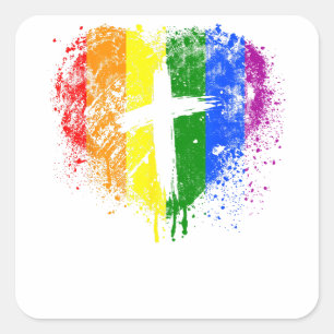 Pegatina Cuadrada Corazón con cruz, Orgullo Gay, Religión Cristiana