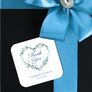 Pegatina Cuadrada Corazón de acuarela floral azul con hojas