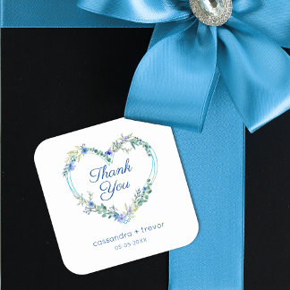 Pegatina Cuadrada Corazón de acuarela floral azul con hojas