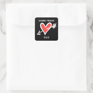 Pegatina Cuadrada Corazón de amor de la boda personalizada negro y r