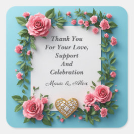 Pegatina Cuadrada 💐 Corazón de bodas estilo rosa dorado 🌸