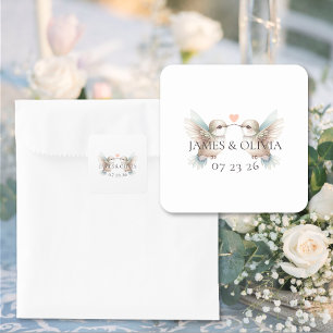 Pegatina Cuadrada Corazón de Colibrí Boda Personalizada