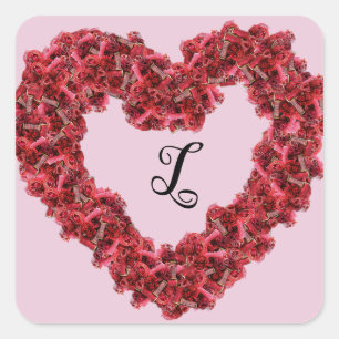 Pegatina Cuadrada Corazón de Flores Rojas con Monograma Floral