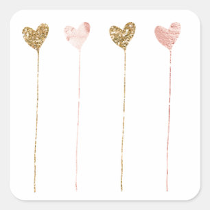 Pegatina Cuadrada Corazón de glam rosado Purpurina de oro