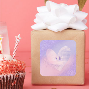 Pegatina Cuadrada Corazón de gradiente rosado morado monograma