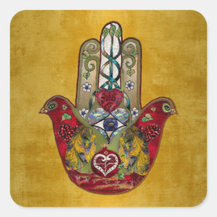 Pegatina Cuadrada Corazón de Granada Rojo de Pájaro Hamsa Rubí