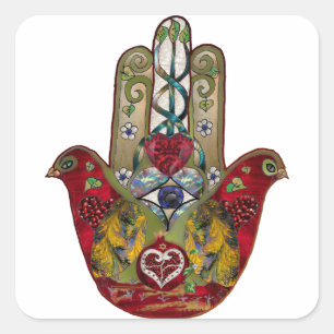 Pegatina Cuadrada Corazón de Granada Rojo de Pájaro Hamsa Rubí