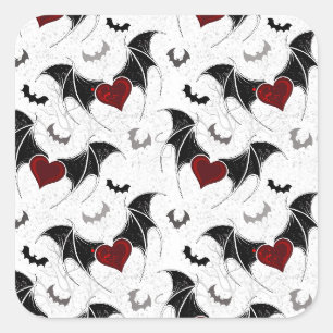Pegatina Cuadrada Corazón de Halloween con alas de murciélago negras
