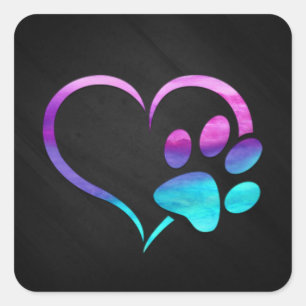 Pegatina Cuadrada Corazón de Huella de Perro Cyan Púrpura