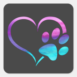 Pegatina Cuadrada Corazón de Huella de Perro Cyan Púrpura 