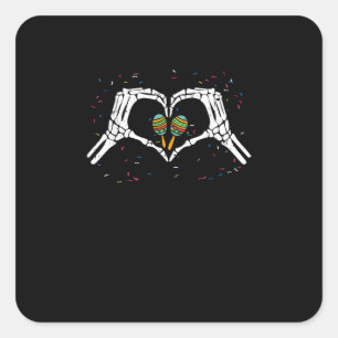 Pegatina Cuadrada Corazón de la mano de esqueleto Maracas Cinco De M