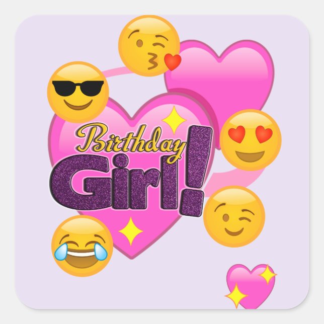 Pegatina Cuadrada Corazón de las emojis del chica del cumpleaños (Anverso)