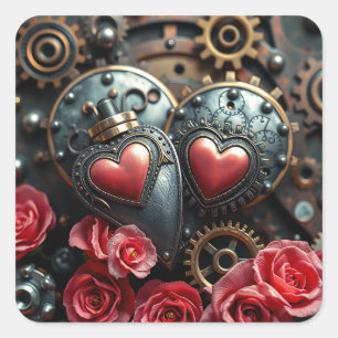Pegatina Cuadrada Corazón de metal y engranajes de bronce y oro Stea