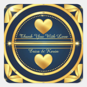 Pegatina Cuadrada 💍 Corazón de oro diamante Favor de boda azul mari