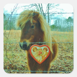Pegatina Cuadrada Corazón de San Valentín de caballo marrón en minia