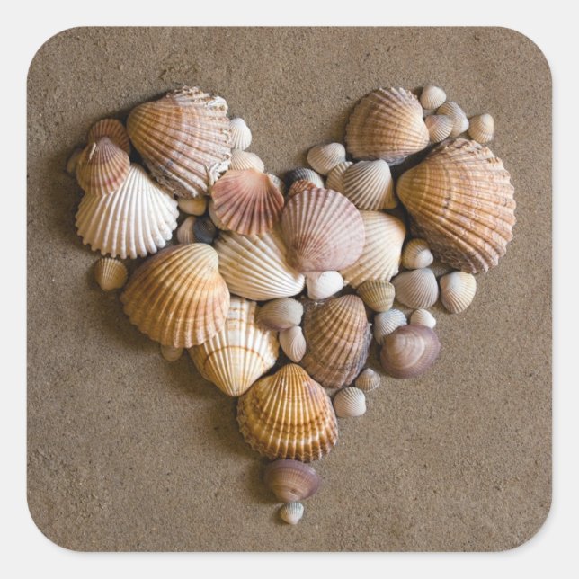 Pegatina Cuadrada Corazón de San Valentín hecho con conchas (Anverso)