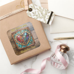 Pegatina Cuadrada Corazón de vidrio teñido rojo y azul serie Steampu
