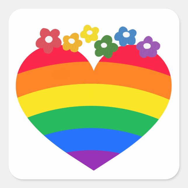 Pegatina Cuadrada Corazón del Orgullo Arcoiris con flores (Anverso)
