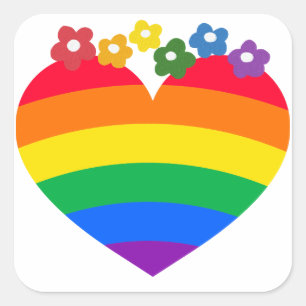 Pegatina Cuadrada Corazón del Orgullo Arcoiris con flores