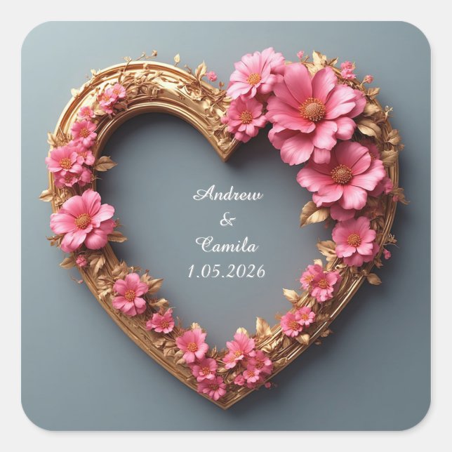 Pegatina Cuadrada Corazón elegante decorado con rosas rosadas (Anverso)