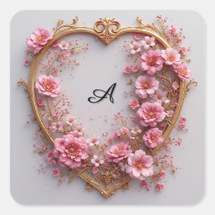 Pegatina Cuadrada Corazón elegante marco decorado con rosas rosadas