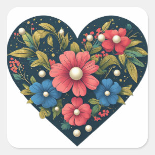 Pegatina Cuadrada 💕 Corazón Floral Colorido Para Decoración de Boda