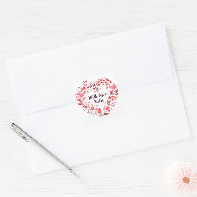 Pegatina Cuadrada Corazón floral personalizado (Sobre)