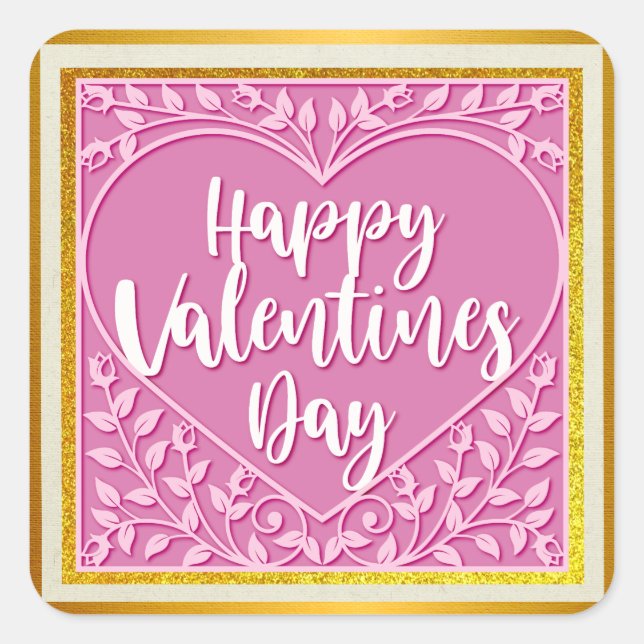 Pegatina Cuadrada Corazón floral rosa rosa rosa moderno San Valentín (Anverso)