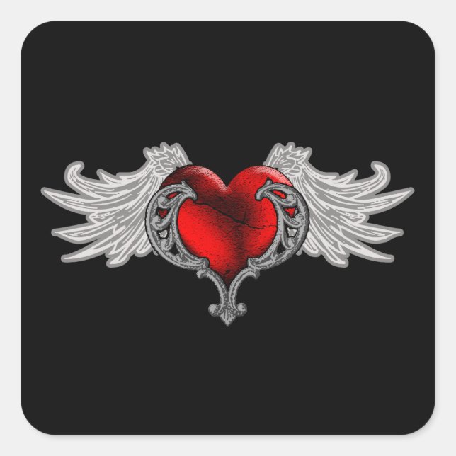 Pegatina Cuadrada Corazón gótico con alas ángel (Anverso)