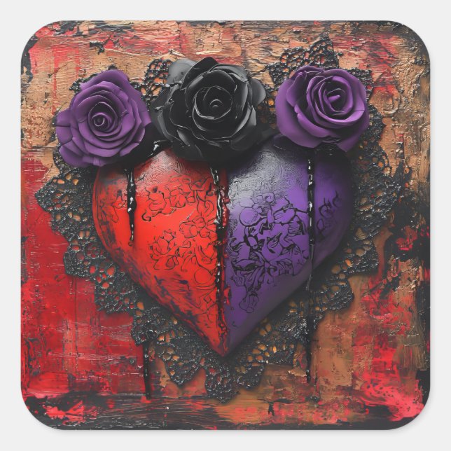 Pegatina Cuadrada Corazón gótico rojo y morado con flores (Anverso)