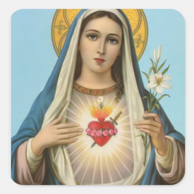 Pegatina Cuadrada Corazón inmaculado de María Imagen religiosa de Nu (Anverso)