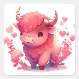 Pegatina Cuadrada Corazón Lindo Búfalo San Valentín