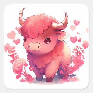 Pegatina Cuadrada Corazón Lindo Búfalo San Valentín