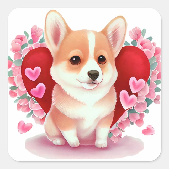 Pegatina Cuadrada Corazón lindo Corgi Perro Valentine (Anverso)