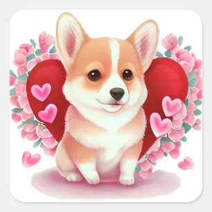 Pegatina Cuadrada Corazón lindo Corgi Perro Valentine